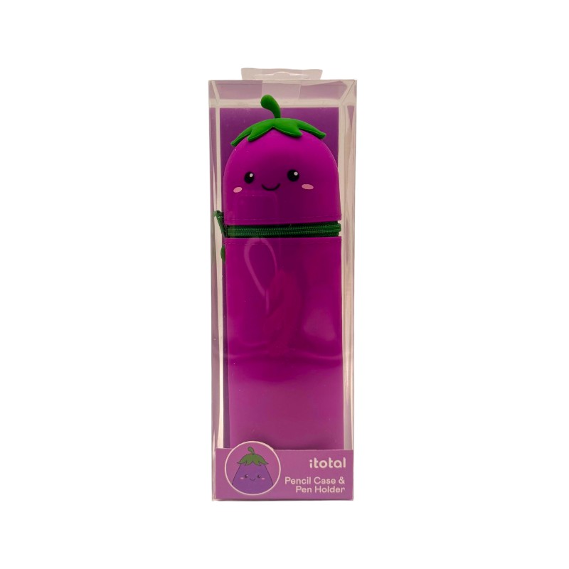 Astuccio kawaii melanzana I-Total Fresh Market — silicone morbido viola, faccina sorridente, zip verde. Regalo originale e sorprendente per la scuola. 