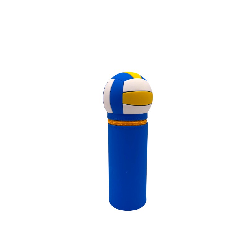 Astuccio kawaii pallavolo I-Total — silicone blu, pallone volley 3D in cima, zip gialla. Regalo originale per bambine e ragazze appassionate di sport.