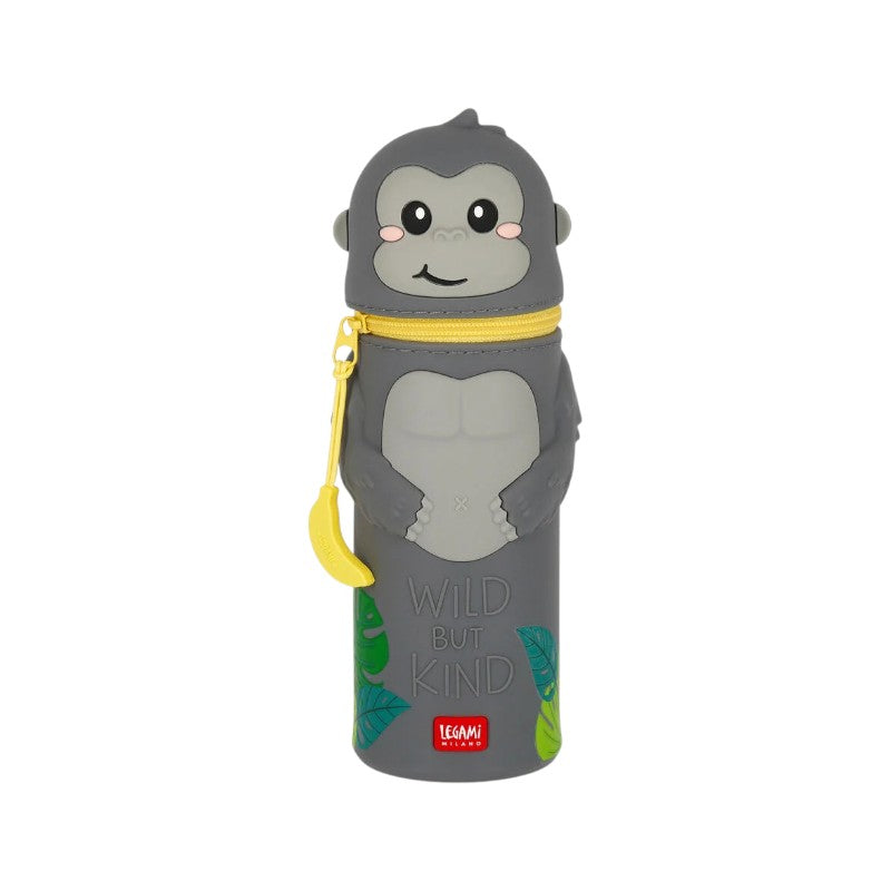 Astuccio kawaii Legami Gorilla — silicone grigio morbido, gorilla 3D sorridente, zip gialla con tirante banana, tema Wild But Kind. Regalo originale.
