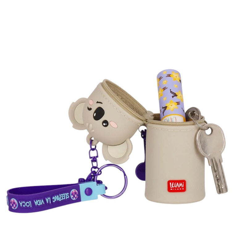 Portachiavi Legami Koala con mini pochette in silicone e zip, laccetto Sleeping La Vida Loca e moschettone a stella. Su Viano Shop!
