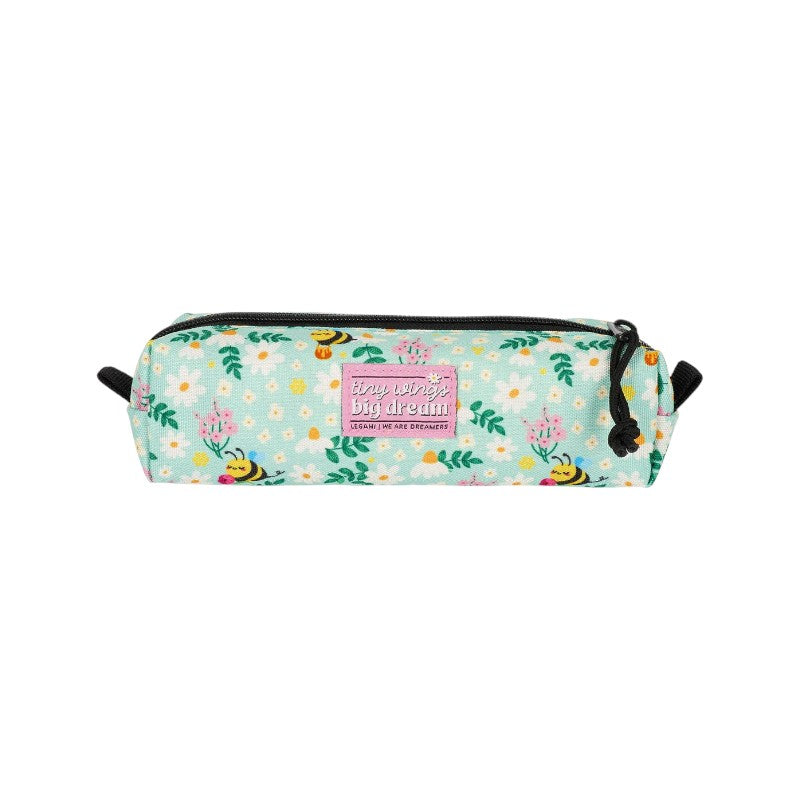 Astuccio Legami tema ape Tiny Wings Big Dream: tessuto verde menta con margherite e apine, zip con laccetto. Scopri il pencil case Legami!