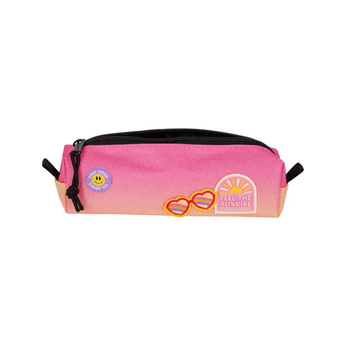 Astuccio Legami Sunset Lover: tessuto ombré rosa-pesca, patch ricamate sole e occhiali a cuore, zip con laccetto. Scopri il pencil case Legami! 