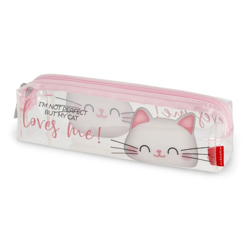 Astuccio Legami My Cat Loves Me: PVC trasparente con musetto gattino in rilievo, bordo rosa. Il pencil case perfetto per gli amanti dei gatti! 