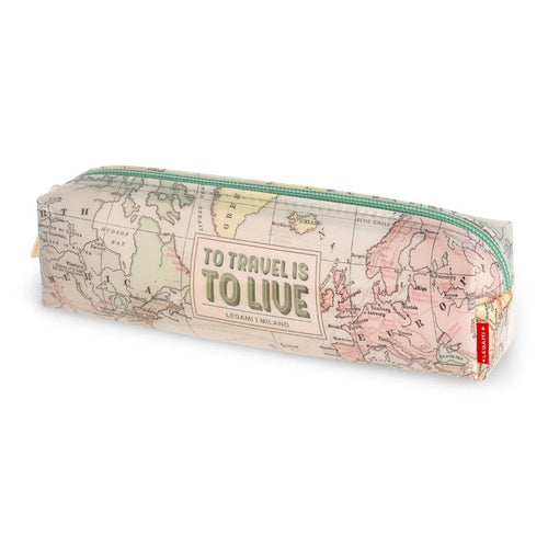 Astuccio Legami To Travel Is To Live: tessuto con mappamondo vintage, zip color menta. Il pencil case perfetto per chi ama viaggiare! 