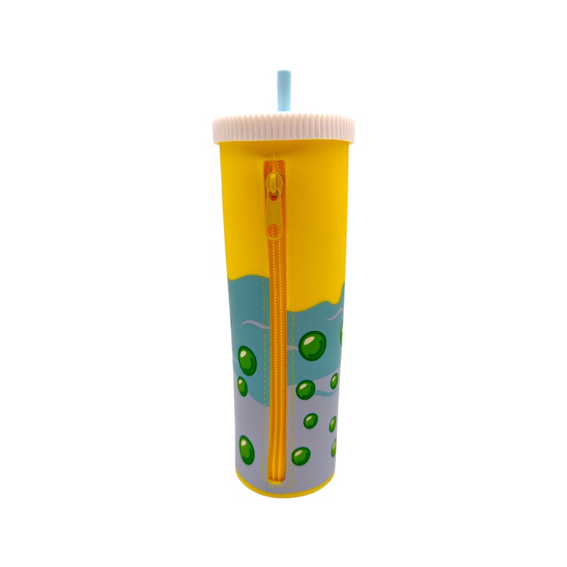 Astuccio tinta unita collezione bubble tea, a forma di bevanda con cannuccia, 3 colori disponibili con zip resistente sul retro
