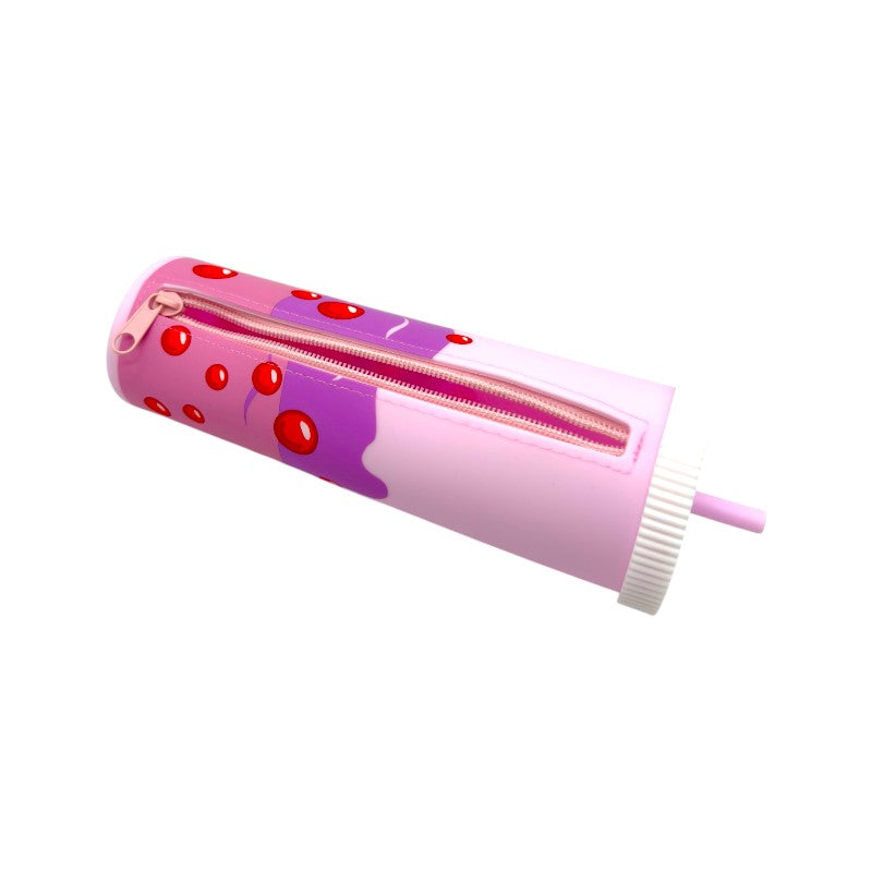 Astuccio tinta unita collezione bubble tea, a forma di bevanda con cannuccia, 3 colori disponibili con zip resistente sul retro