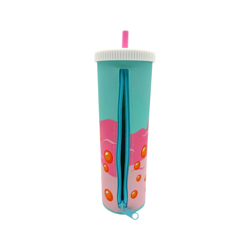 Astuccio tinta unita collezione bubble tea, a forma di bevanda con cannuccia, 3 colori disponibili con zip resistente sul retro
