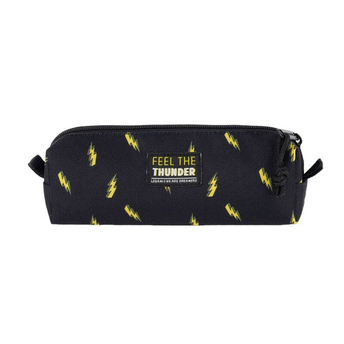 Bellissimo astuccio portapenne con disegnati dei fulmini e la scritta "Feel the thunder"