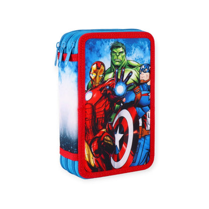 Bellissimo portapenne a tre scomparti a tema Marvel Avengers. Astuccio completo di pennarelli e matite Giotto