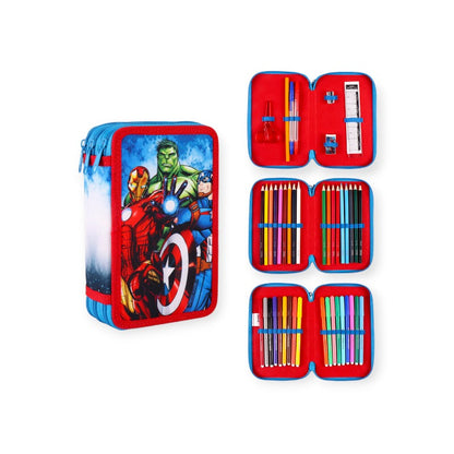 Bellissimo portapenne a tre scomparti a tema Marvel Avengers. Astuccio completo di pennarelli e matite Giotto