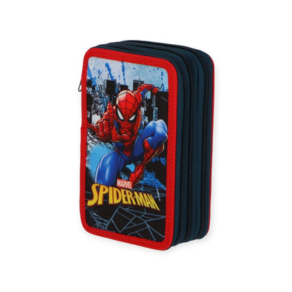 Bellissimo portapenne completo a tre scomparti composto da pennarelli e matite colorate Giotto. Design Spiderman