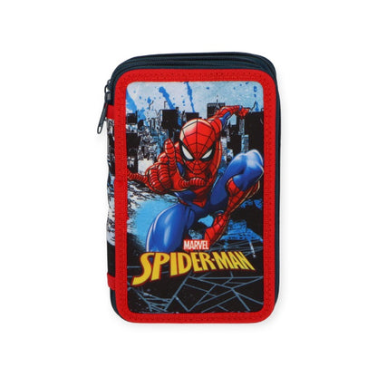 Bellissimo portapenne completo a tre scomparti composto da pennarelli e matite colorate Giotto. Design Spiderman