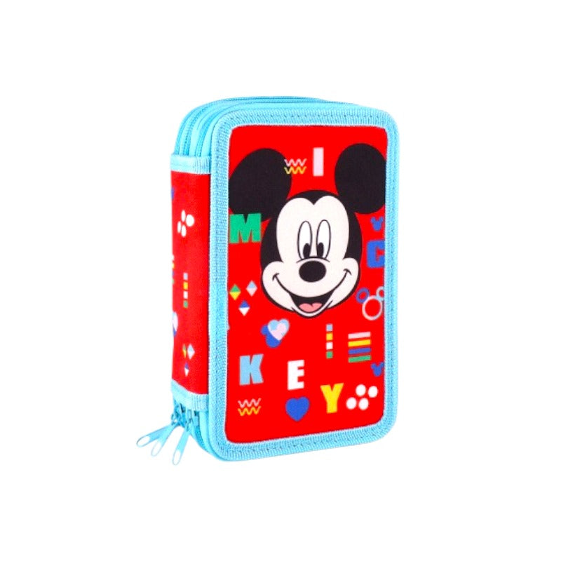 Bellissimo portapenne a tre scomparti Disney. Design Mickey mouse, completo di pennarelli e matite Giotto