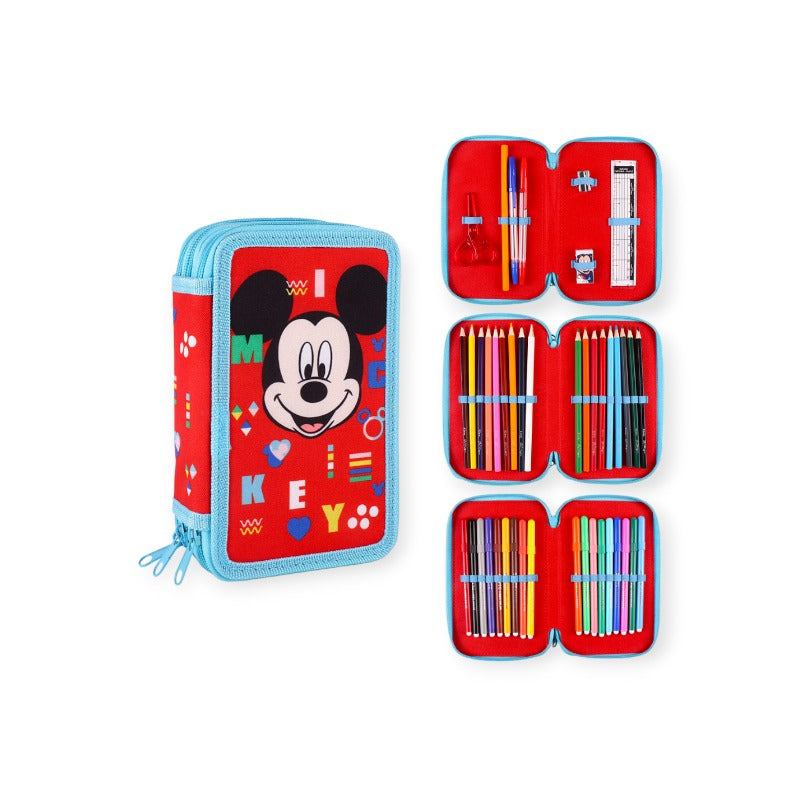 Bellissimo portapenne a tre scomparti Disney. Design Mickey mouse, completo di pennarelli e matite Giotto