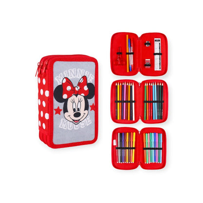 Bellissimo portapenne completo a tre scomparti. Design disney a tema Minnie Mouse, completo di pennarelli e matite Giotto