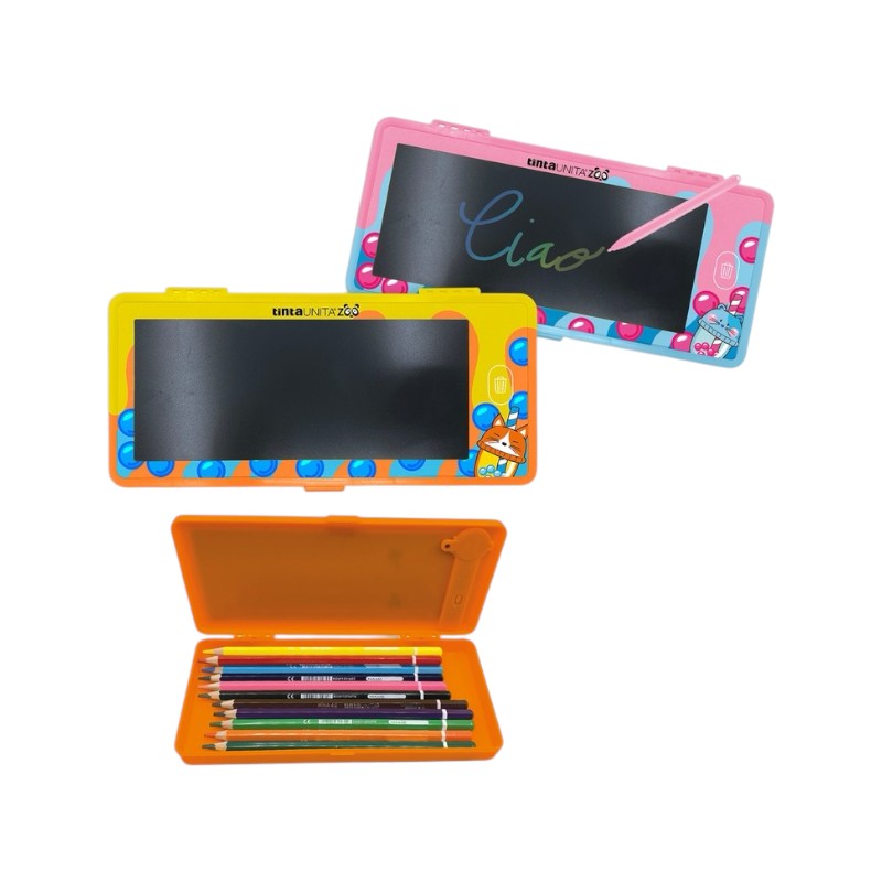 Astuccio rigido con lavagnetta tablet lcd scrivi e cancella, tinta unita collezione bubble tea