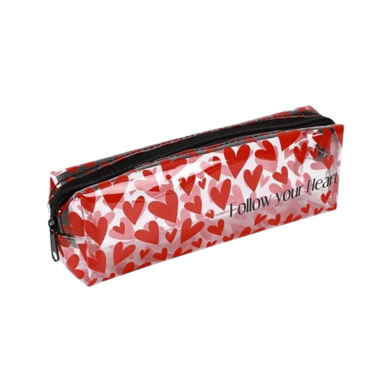 Astuccio Trasparente iTotal Follow Your Heart: PVC trasparente con cuoricini rossi e rosa, zip nera. Il pencil case perfetto per la scuola!