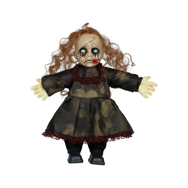 Bambola horror di Halloween con capelli ramati, viso crepato e lacrime nere: decorazione inquietante per case infestate. Su Viano Shop!