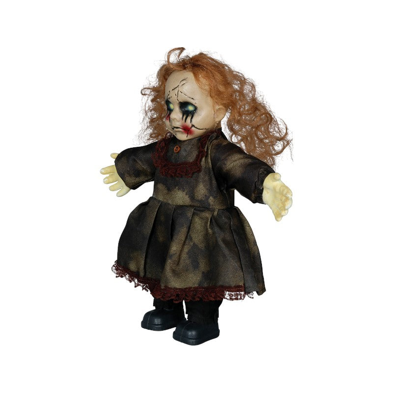 Bambola horror di Halloween con capelli ramati, viso crepato e lacrime nere: decorazione inquietante per case infestate. Su Viano Shop!