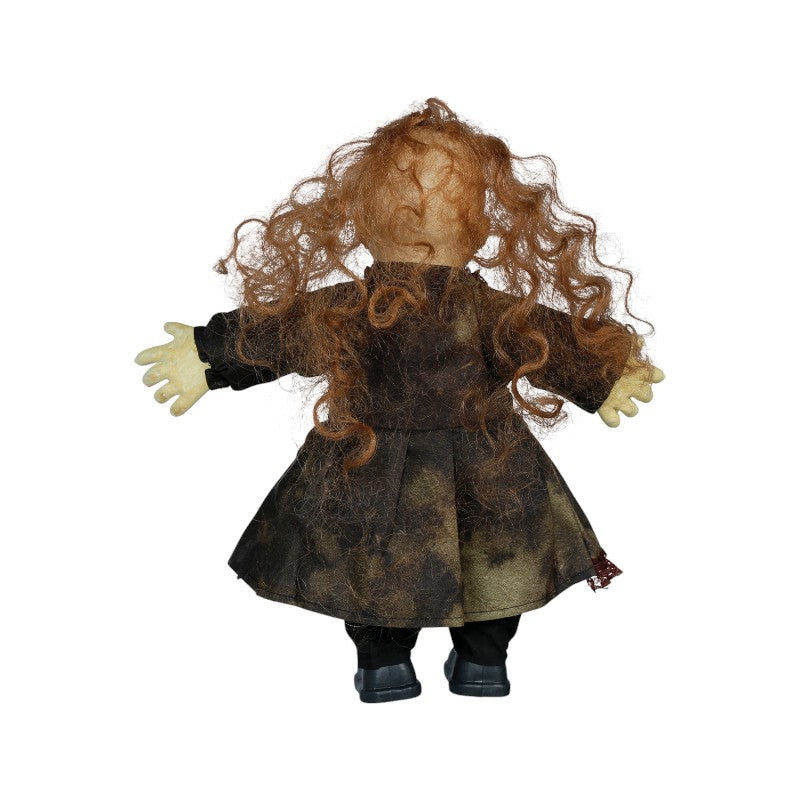 Bambola horror di Halloween con capelli ramati, viso crepato e lacrime nere: decorazione inquietante per case infestate. Su Viano Shop!
