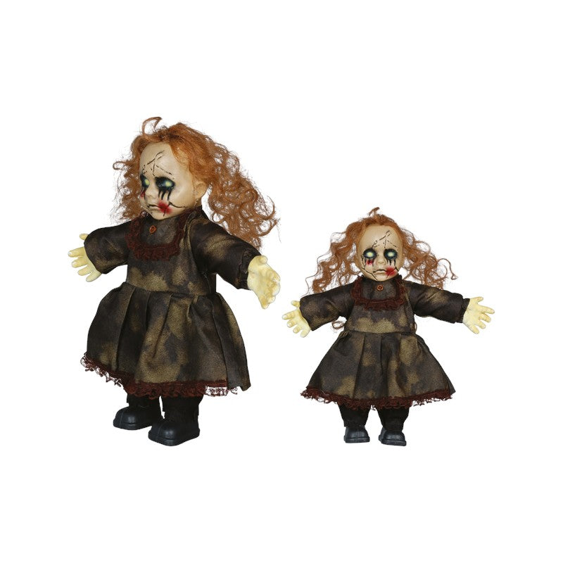 Bambola horror di Halloween con capelli ramati, viso crepato e lacrime nere: decorazione inquietante per case infestate. Su Viano Shop!