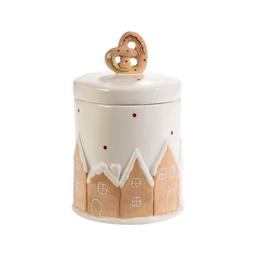 Bellissimo barattolo in ceramica a tema natalizio con delle casette innevate