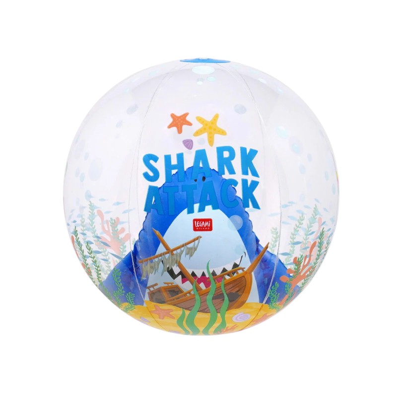 Palla spiaggia gonfiabile Legami Shark Attack 40cm: PVC trasparente, squalo 3D interno a doppia camera. Divertimento esplosivo per bambini 4+. Scoprila!
