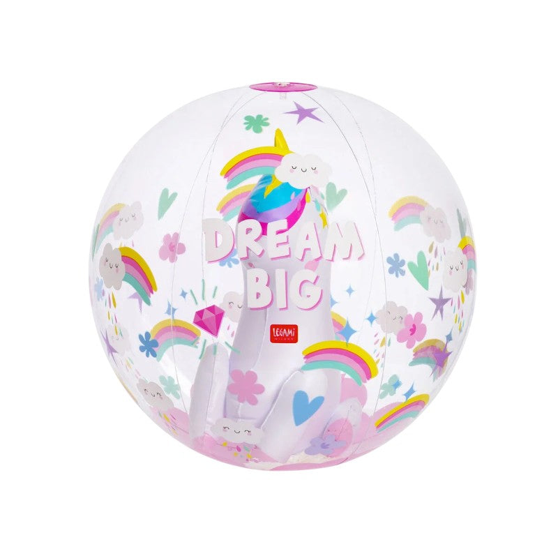 Palla spiaggia gonfiabile Legami Dream Big 40cm: PVC trasparente, unicorno 3D interno a doppia camera. Regalo magico per bambine 4+. Scoprila su Viano Shop!

