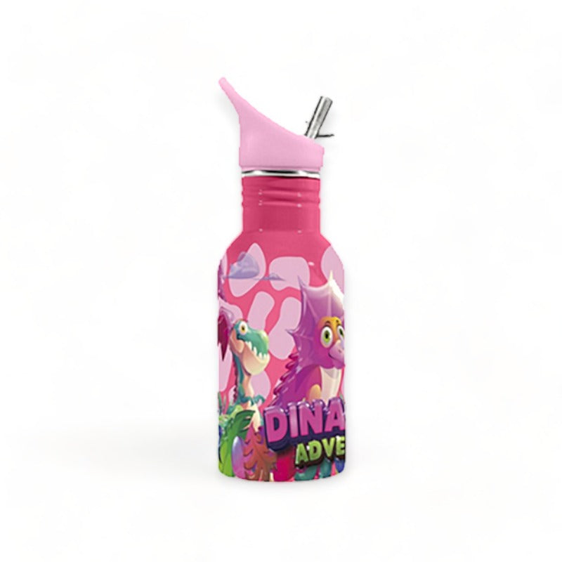 Fantastica borraccia in acciaio inossidabile per bambini con capienza 500ml. Questa borraccia dispone di una cannuccia per facilitare la bevuta. Design "Dino Adventure" colore rosa.