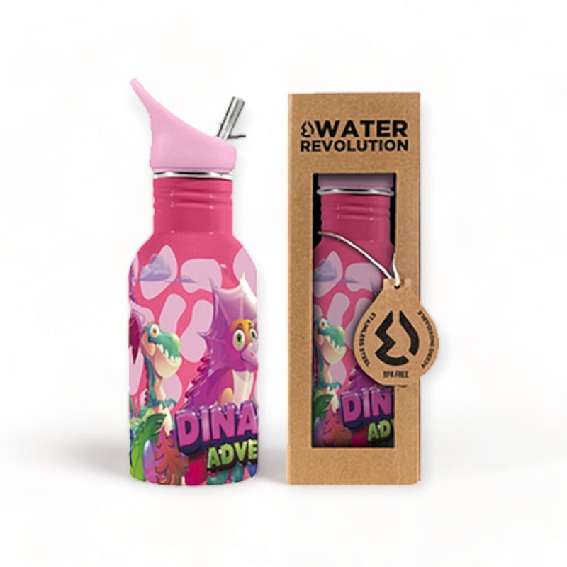 Fantastica borraccia in acciaio inossidabile per bambini con capienza 500ml. Questa borraccia dispone di una cannuccia per facilitare la bevuta. Design "Dino Adventure" colore rosa.