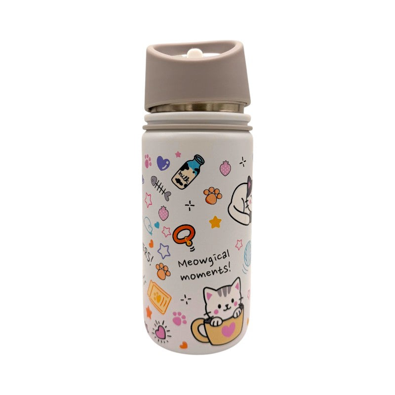 Borraccia termica I-Total Gatto 420ml: acciaio inox triplo strato, 12h caldo e 24h freddo, cannuccia lavabile. Design kawaii cat per bambine. Scoprila!