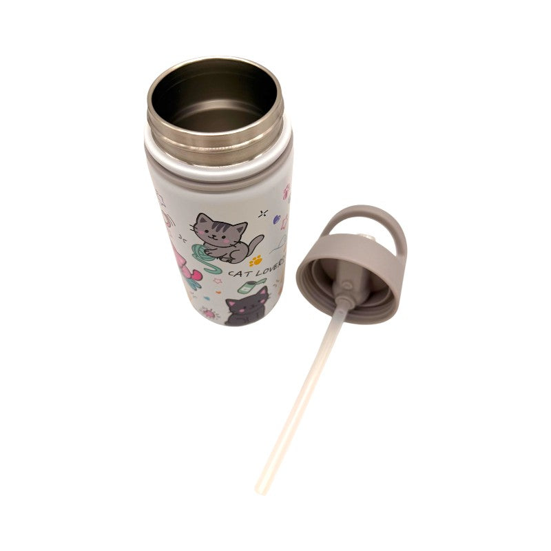 Borraccia termica I-Total Gatto 420ml: acciaio inox triplo strato, 12h caldo e 24h freddo, cannuccia lavabile. Design kawaii cat per bambine. Scoprila!
