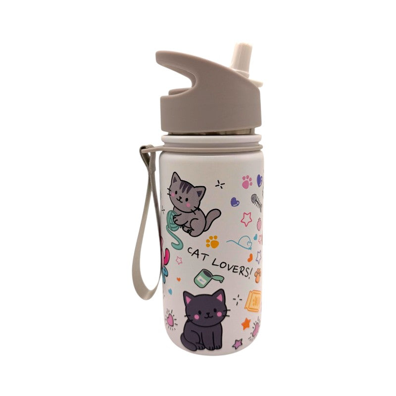 Borraccia termica I-Total Gatto 420ml: acciaio inox triplo strato, 12h caldo e 24h freddo, cannuccia lavabile. Design kawaii cat per bambine. Scoprila!
