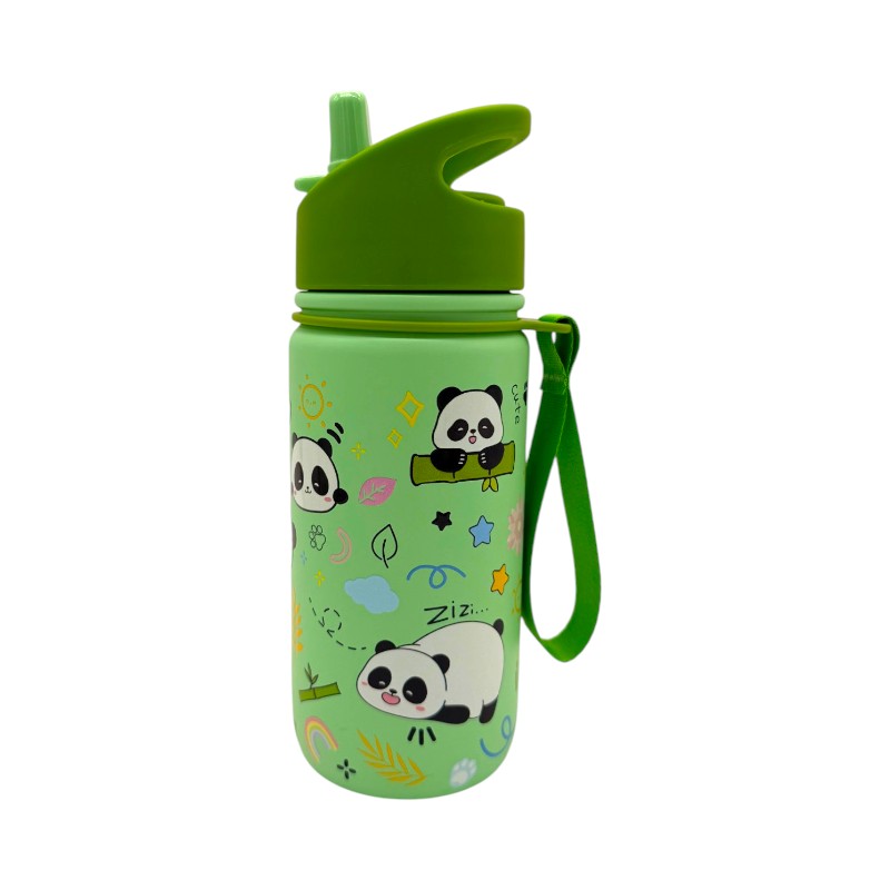 Borraccia termica I-Total Panda 420ml: acciaio inox triplo strato, 12h caldo e 24h freddo, cannuccia lavabile. Design kawaii per bambini. 