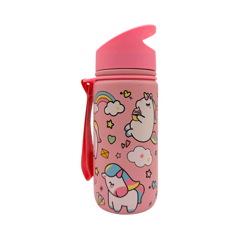 Borraccia termica I-Total Unicorno 420ml: acciaio inox triplo strato, 12h caldo e 24h freddo, cannuccia lavabile. Design kawaii rosa per bambine.