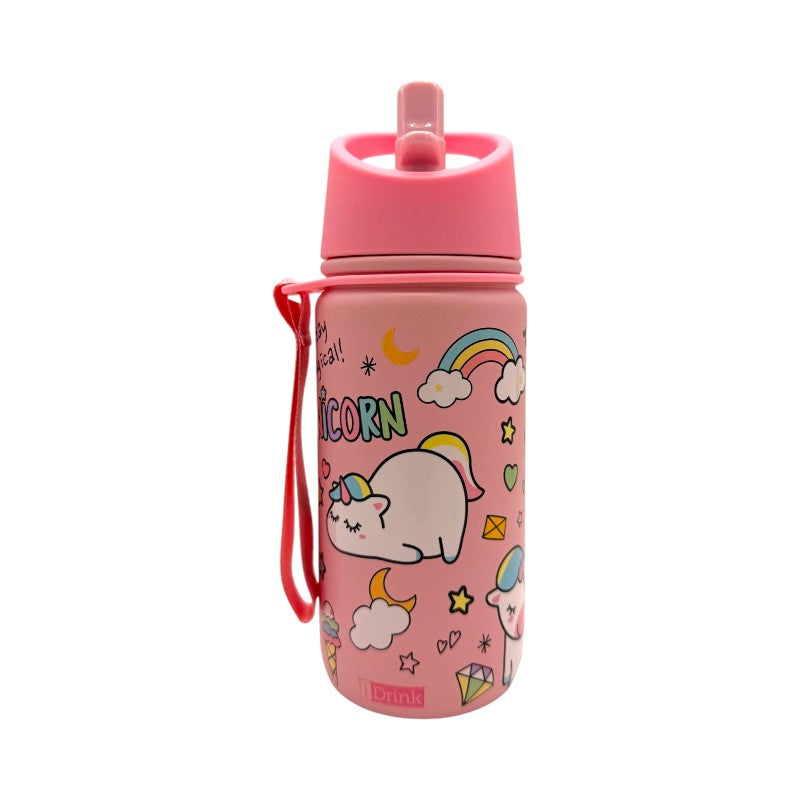 Borraccia termica I-Total Unicorno 420ml: acciaio inox triplo strato, 12h caldo e 24h freddo, cannuccia lavabile. Design kawaii rosa per bambine.