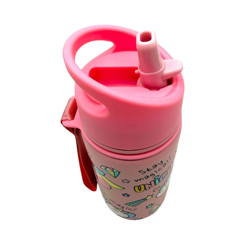 Borraccia termica I-Total Unicorno 420ml: acciaio inox triplo strato, 12h caldo e 24h freddo, cannuccia lavabile. Design kawaii rosa per bambine.