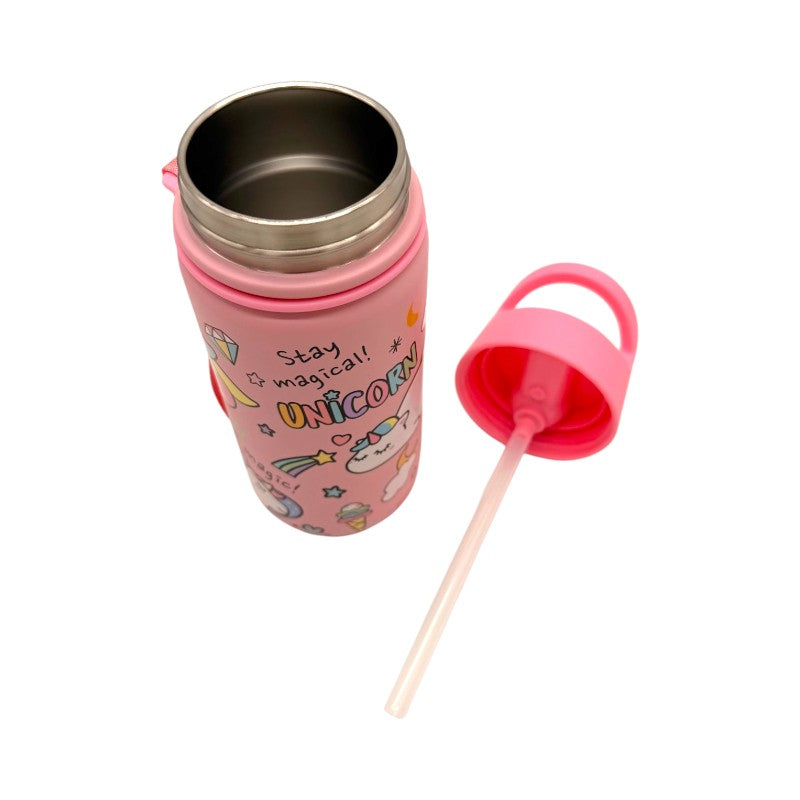 Borraccia termica I-Total Unicorno 420ml: acciaio inox triplo strato, 12h caldo e 24h freddo, cannuccia lavabile. Design kawaii rosa per bambine.