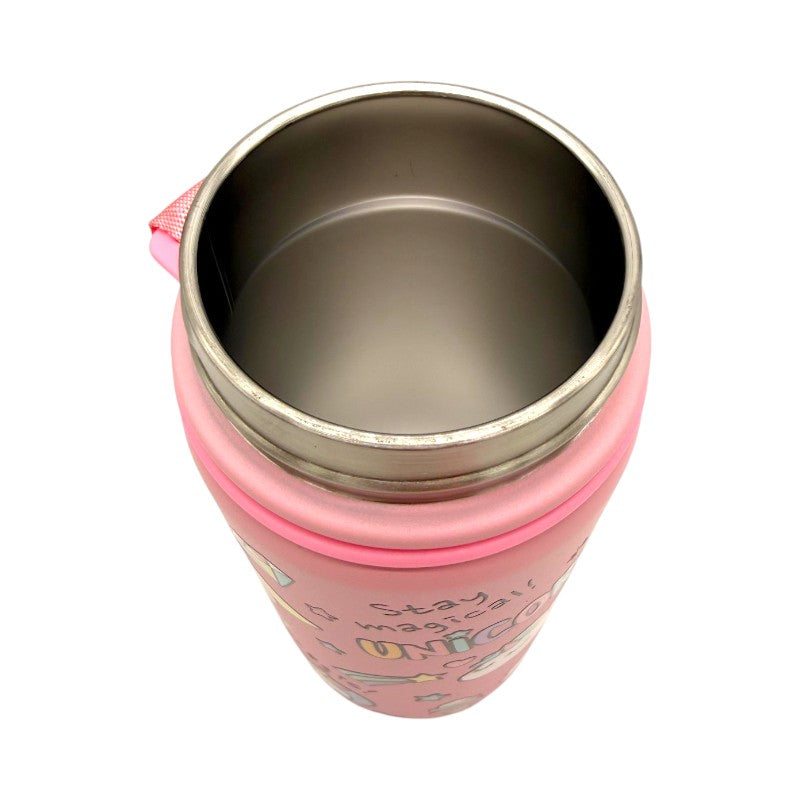 Borraccia termica I-Total Unicorno 420ml: acciaio inox triplo strato, 12h caldo e 24h freddo, cannuccia lavabile. Design kawaii rosa per bambine.