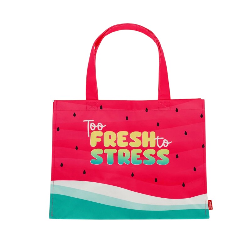 Borsa mare Legami Watermelon limited edition: design anguria, bottone magnetico, tasca interna, fino a 15kg. L 47x61,5cm. L'accessorio estivo più trendy!