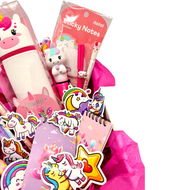 Box regalo unicorno Viano Shop — 23 pezzi cartoleria kawaii Legami e I-Total, già confezionato. Regalo compleanno perfetto per bambine. 