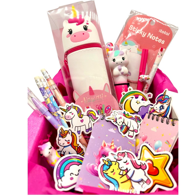 Box regalo unicorno Viano Shop — 23 pezzi cartoleria kawaii Legami e I-Total, già confezionato. Regalo compleanno perfetto per bambine. 