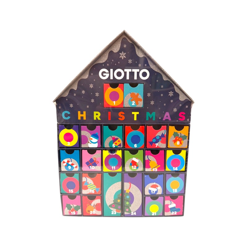 Calendario dell’Avvento Giotto Christmas 2026 a casetta con 24 cassetti di sorprese creative: matite, gomme e acquerelli. Su Viano Shop!