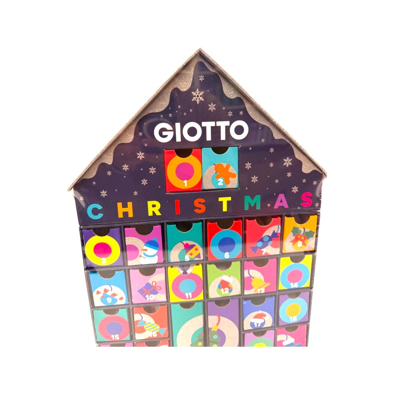 Calendario dell’Avvento Giotto Christmas 2026 a casetta con 24 cassetti di sorprese creative: matite, gomme e acquerelli. Su Viano Shop!