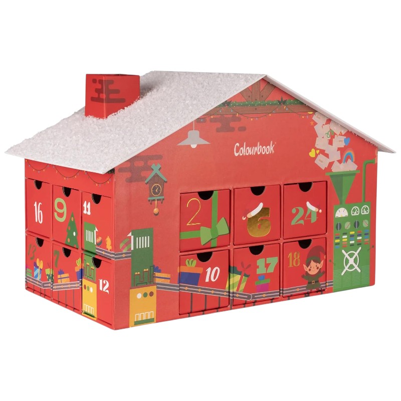 Calendario dell'Avvento Colourbook 2026 Fabbrica degli Elfi: casetta con 24 cassetti e sorprese di cartoleria per un Natale creativo. Su Viano Shop!
