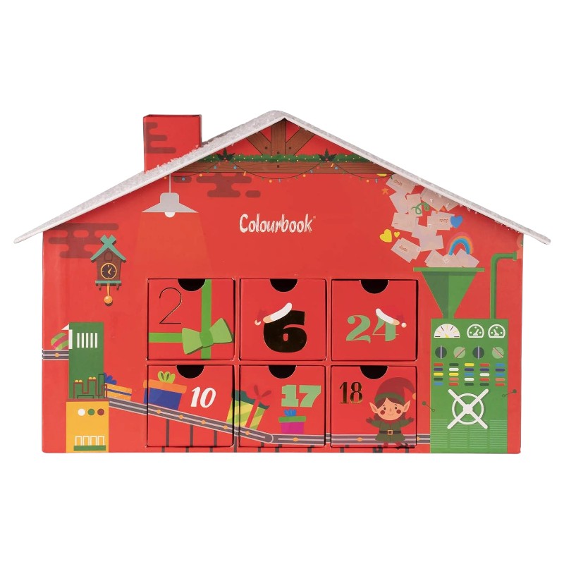 Calendario dell'Avvento Colourbook 2026 Fabbrica degli Elfi: casetta con 24 cassetti e sorprese di cartoleria per un Natale creativo. Su Viano Shop!