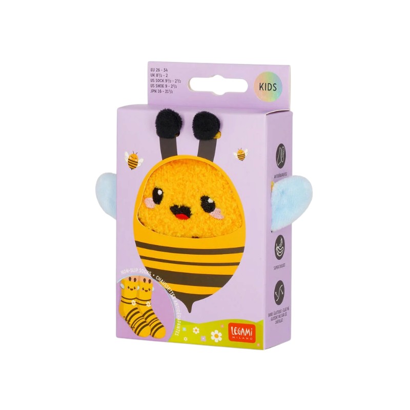 Calzini antiscivolo bambini Legami Ape gialli a righe con musetto ricamato: morbidi ed elastici, taglia 26-34. Su Viano Shop!