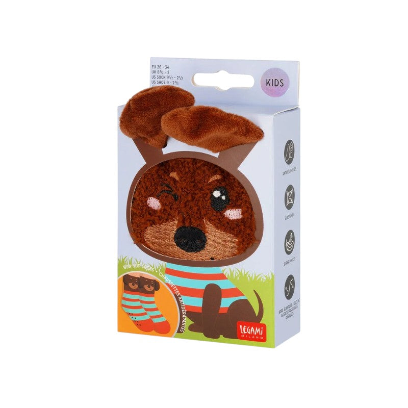Calzini antiscivolo Legami Cane con orecchie in rilievo e maglia a righe: morbidi ed elastici, taglie 26-34 e 35-42. Su Viano Shop!