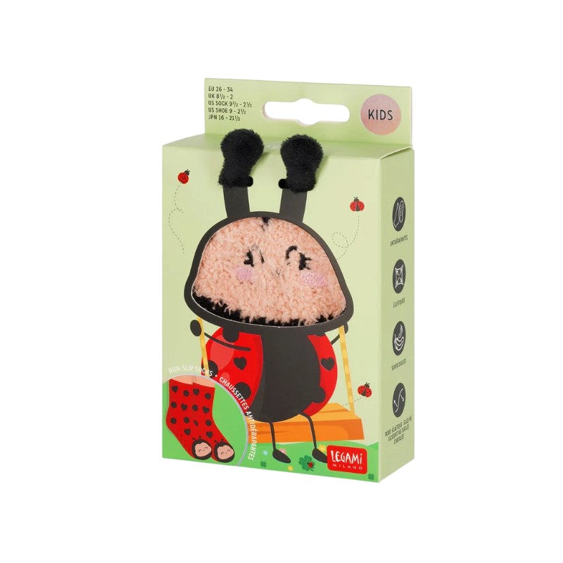 Calzini antiscivolo Legami Coccinella con antenne in rilievo e cuoricini: morbidi ed elastici, taglie 26-34 e 35-42. Su Viano Shop!