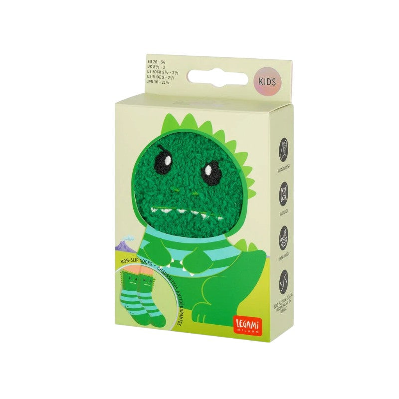 Calzini antiscivolo Legami Dinosauro verdi con musetto ricamato: morbidi ed elastici, taglie 26-34 e 35-42. Scoprili su Viano Shop!